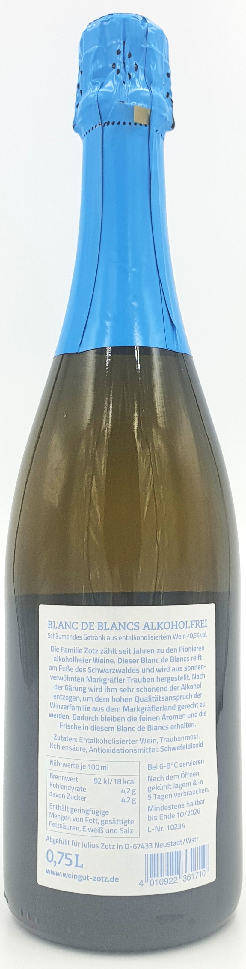 Julius Zotz Sekt Blanc de Blanc Alkoholfrei Markgräflerland Baden 0,75 l