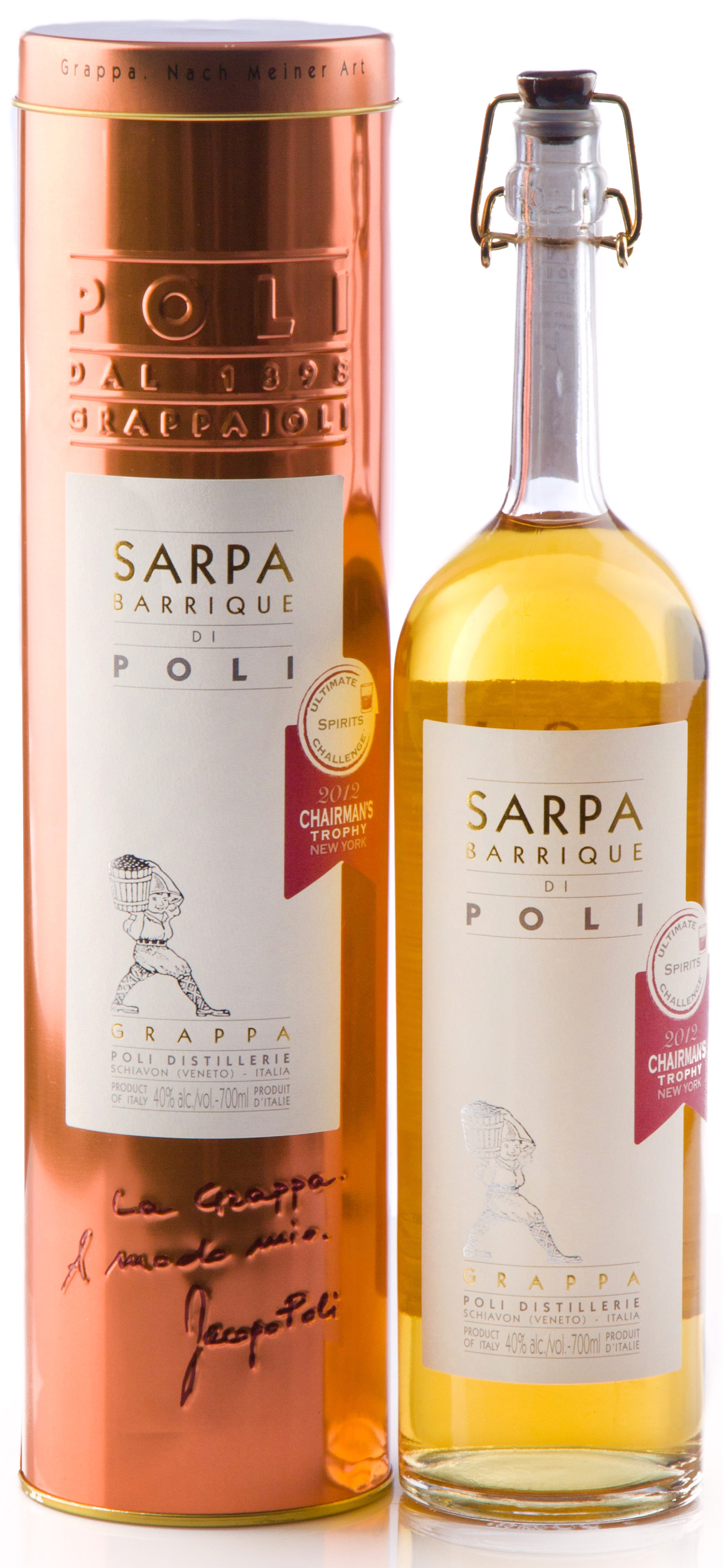 Jacobo Poli Grappa "Sarpa di Barrique Oro di Poli" in Geschenkröhre 40% vol. 0,7l